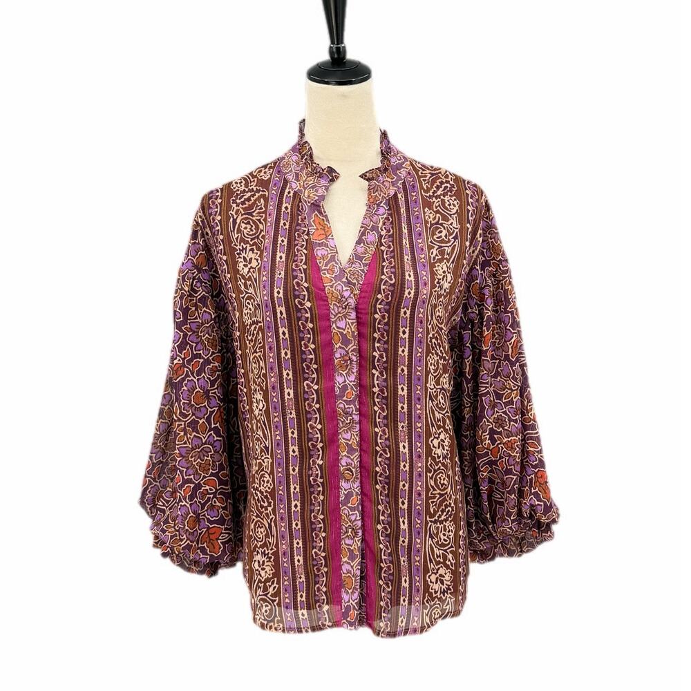 Karlie Lauryl LS Purple Brown Floral Ruffle Gold Button Up Fall Chic Blouse Top